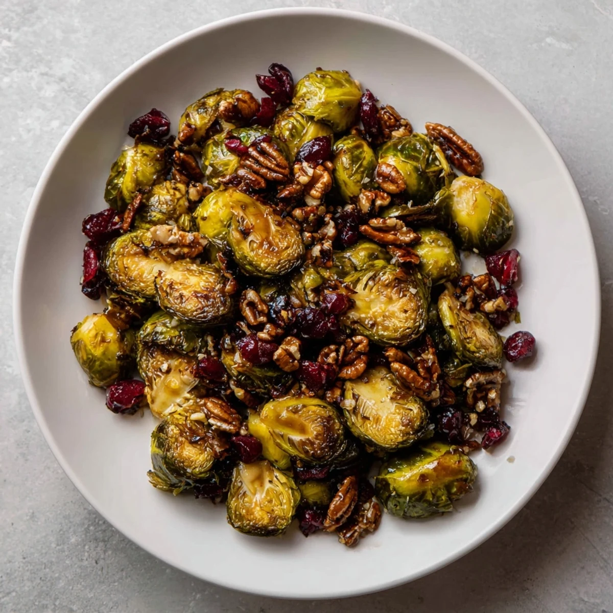 Golden-brown Winter Roasted Brussels Sprouts glistening with balsamic glaze, ready to serve warm.