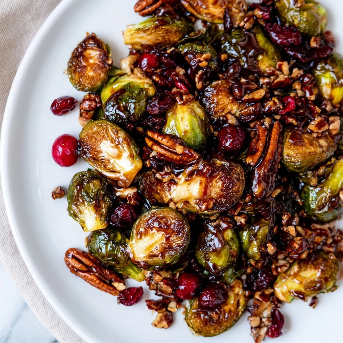 Close-up of savory Winter Roasted Brussels Sprouts offering a sweet and tangy balsamic flavor profile.