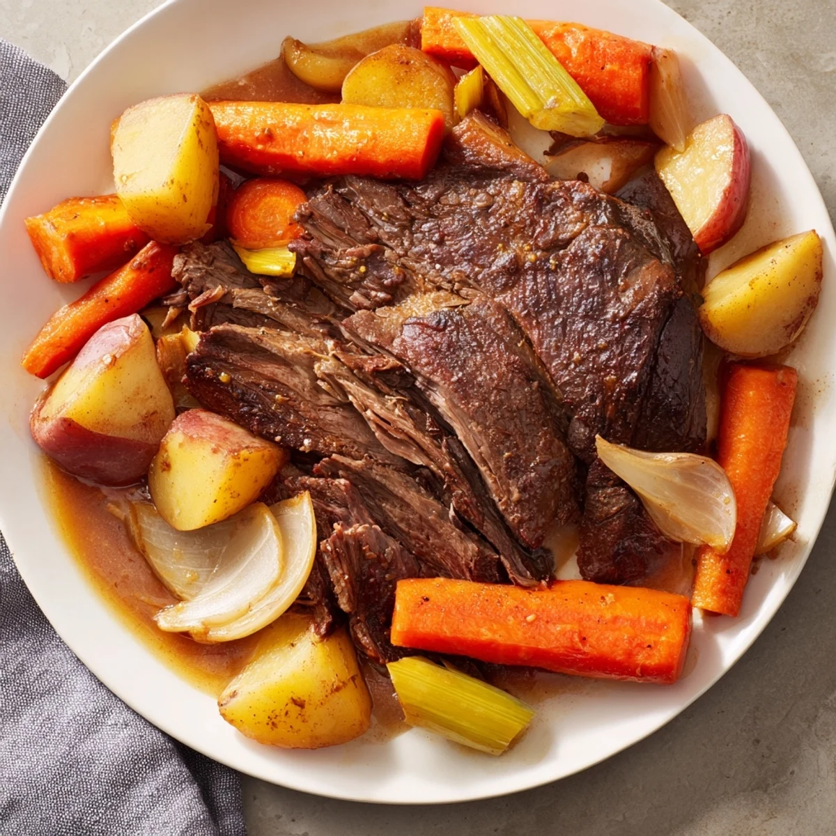 Tender Slow-Roasted Beef Pot Roast brimming with vibrant root vegetables, ready to serve.