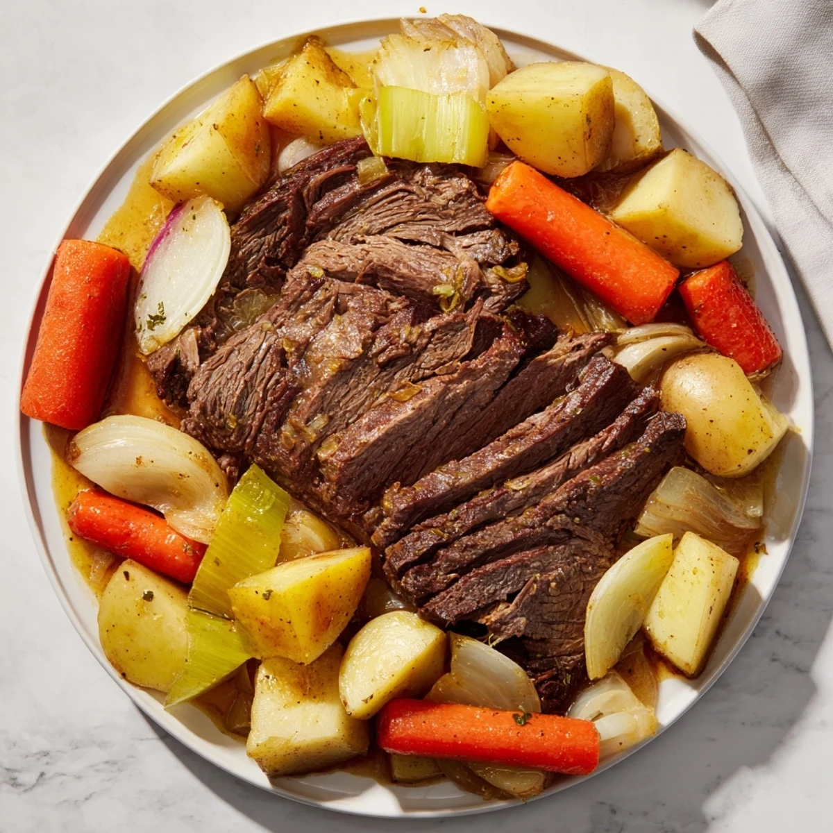 Fork-tender Slow-Roasted Beef Pot Roast, perfect for a cozy, satisfying family meal tonight.