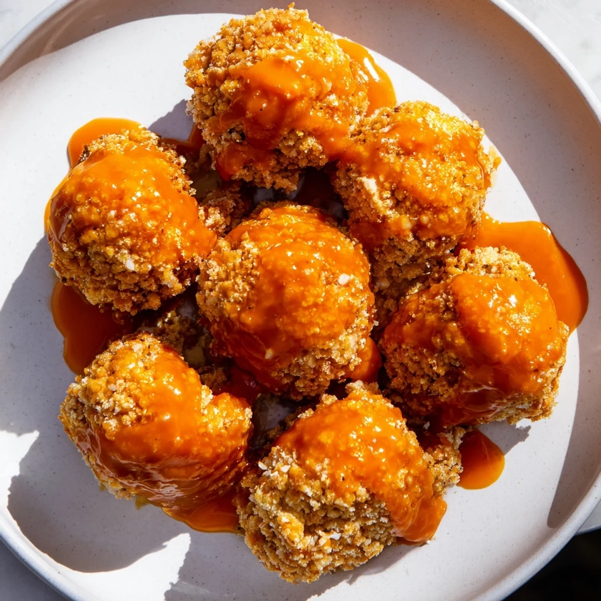 Golden brown, crispy Air-Fryer Buffalo Cauliflower Bites ready to be drizzled in tangy sauce.