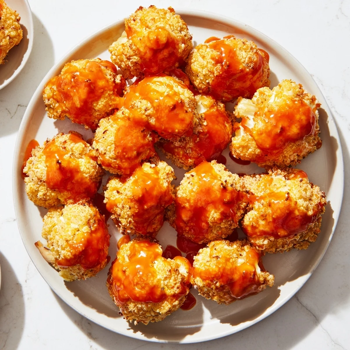Vibrant image of Air-Fryer Buffalo Cauliflower Bites, coated in buffalo sauce with ranch dip.