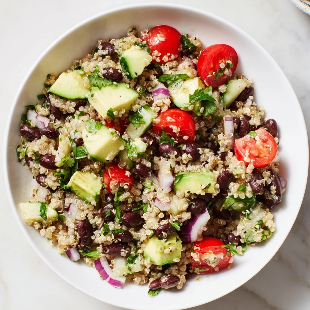 Fluffy quinoa and black bean salad with lime, colorful veggies, and a zesty, lime dressing.