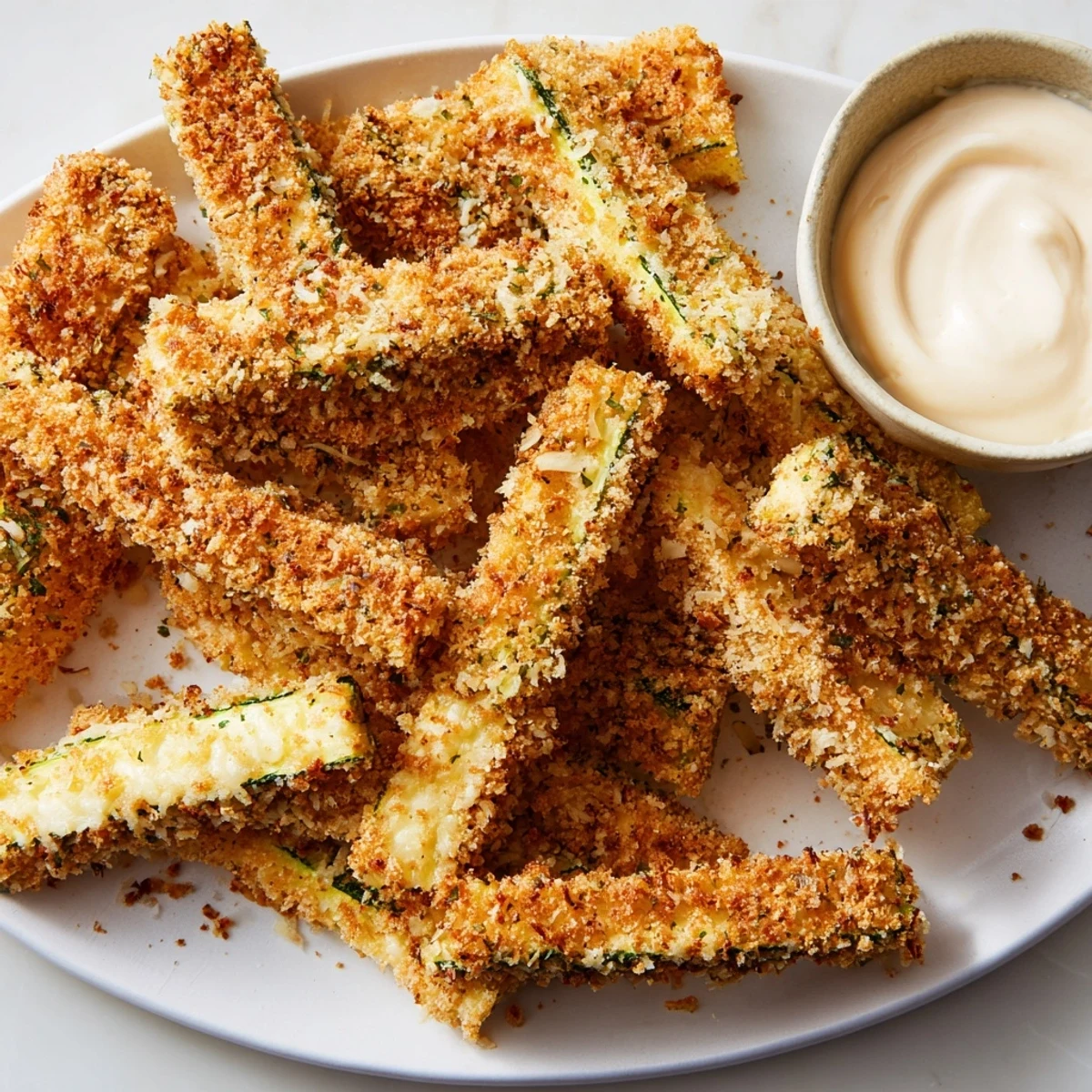 Golden and crispy Parmesan zucchini fries with a creamy, herbed dipping sauce, ideal snack.