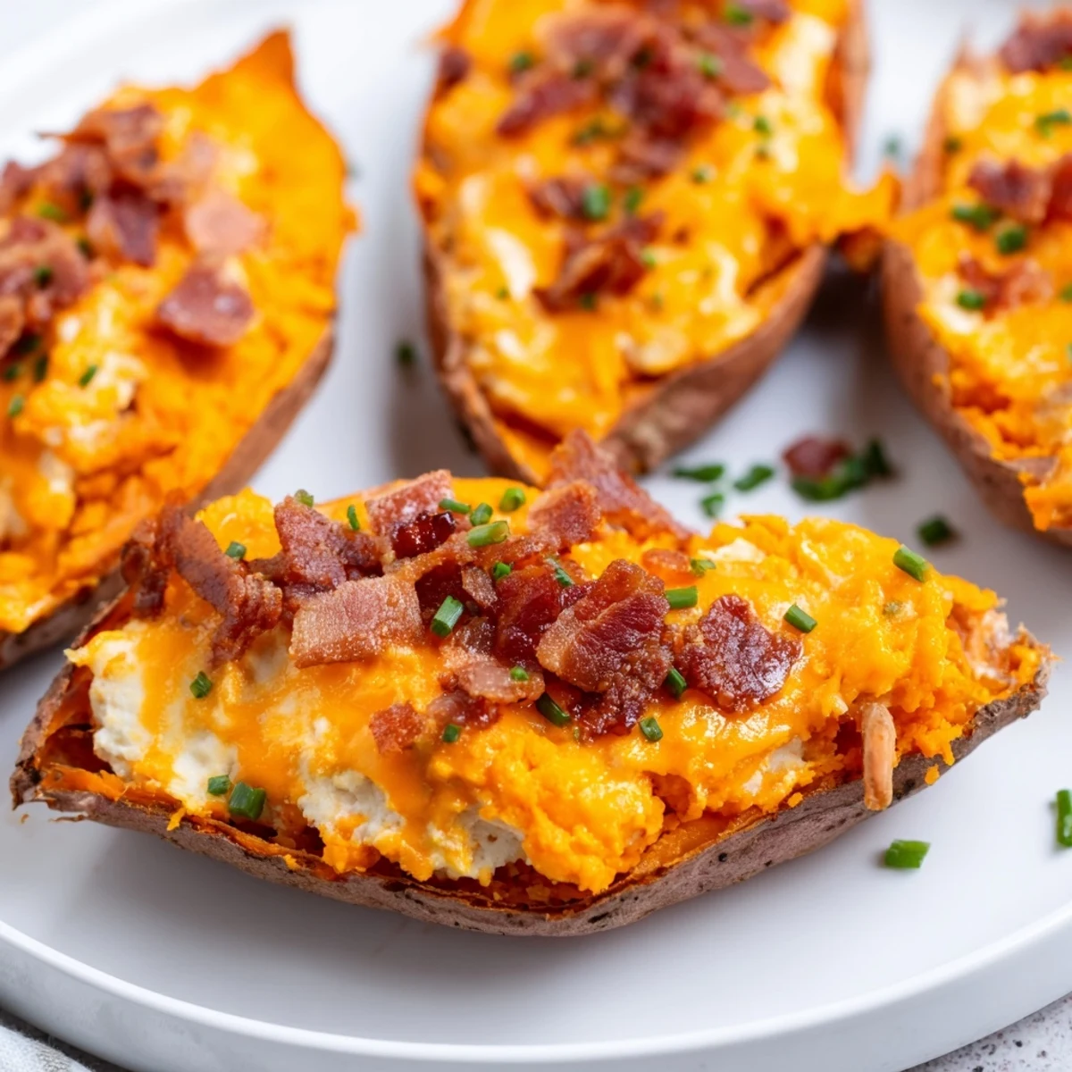 Golden, cheesy loaded sweet potato skins topped with crispy bacon and fresh chives, ready to eat.