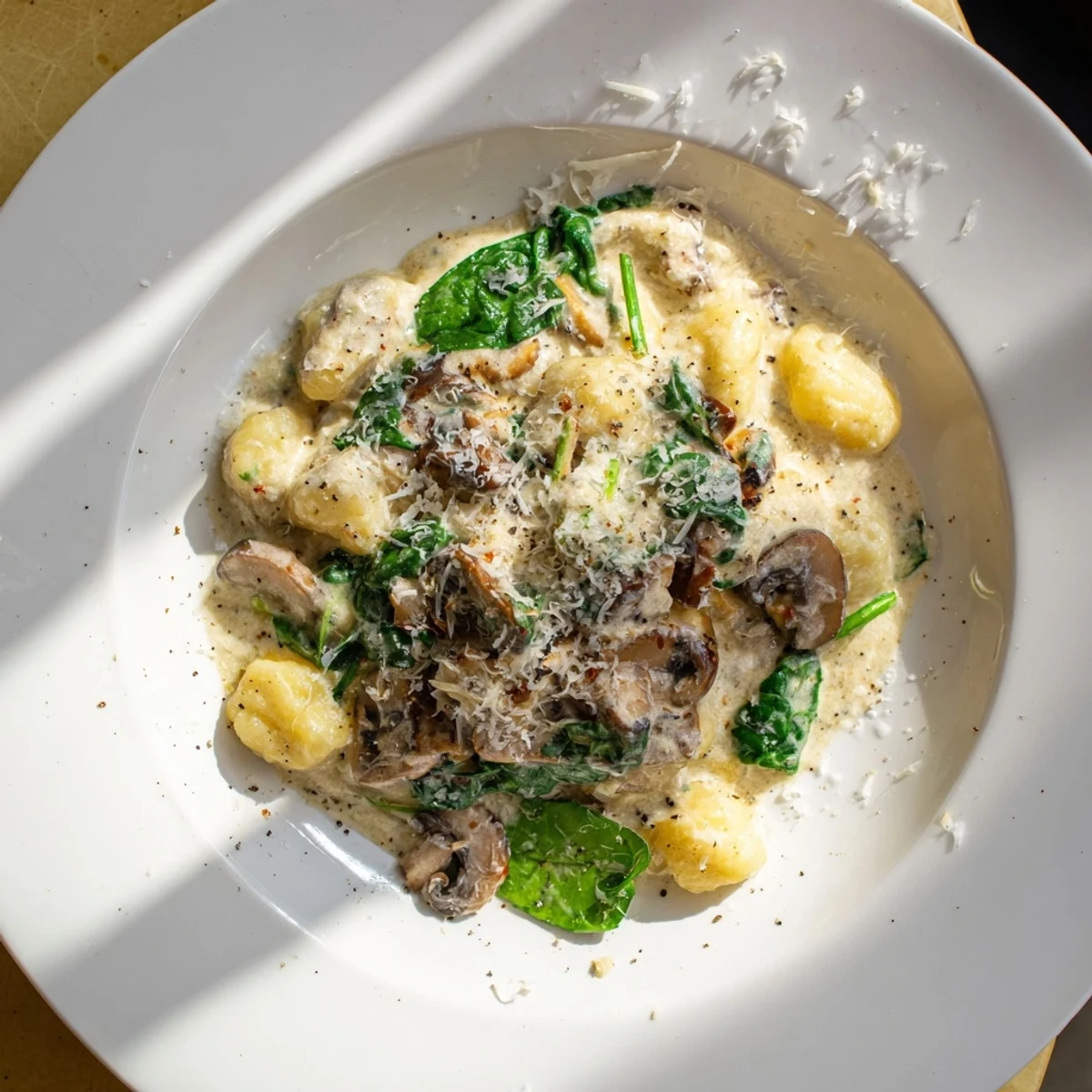 One-Dish Creamy Mushroom and Spinach Gnocchi, a comforting vegetarian meal with melted Parmesan.