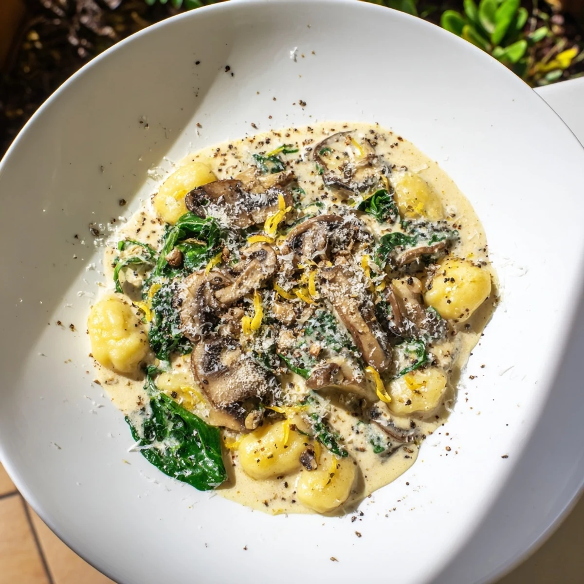 Close-up of One-Dish Creamy Mushroom and Spinach Gnocchi, a rich and delicious one-pan dinner.