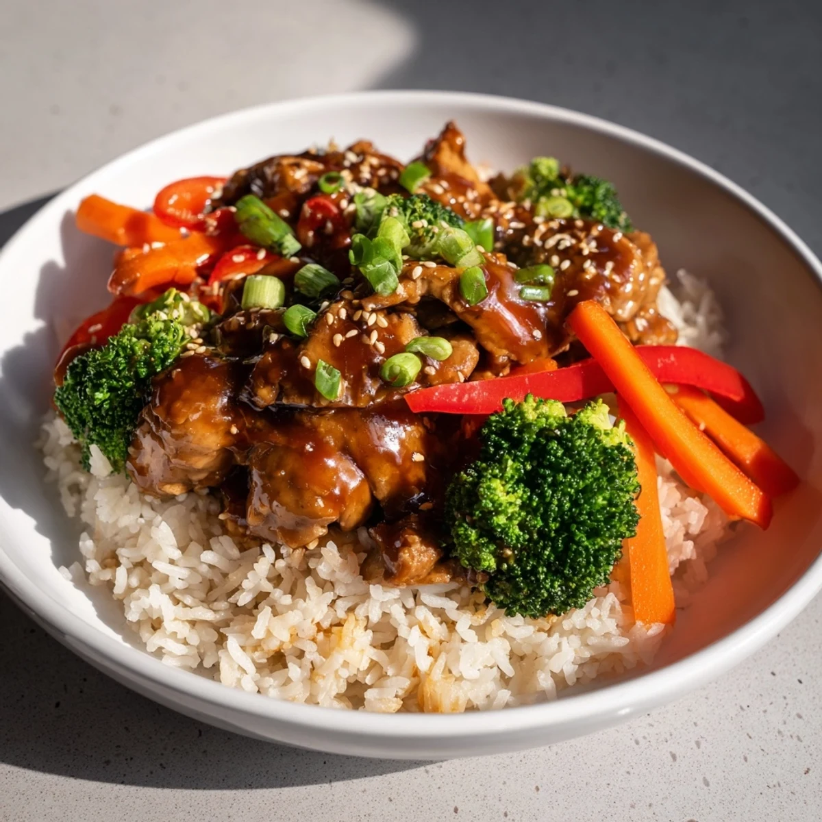 Tender One-Pot Teriyaki Chicken and Rice Bake with glistening sauce and fresh spring onions.