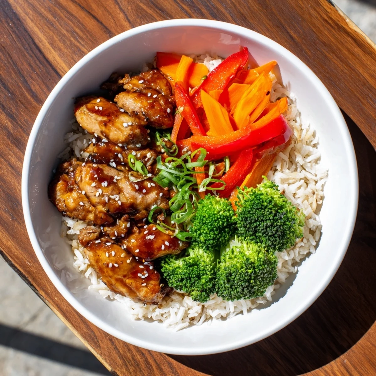 A steamy bowl of one-pot teriyaki chicken and rice bake ready to be garnished.