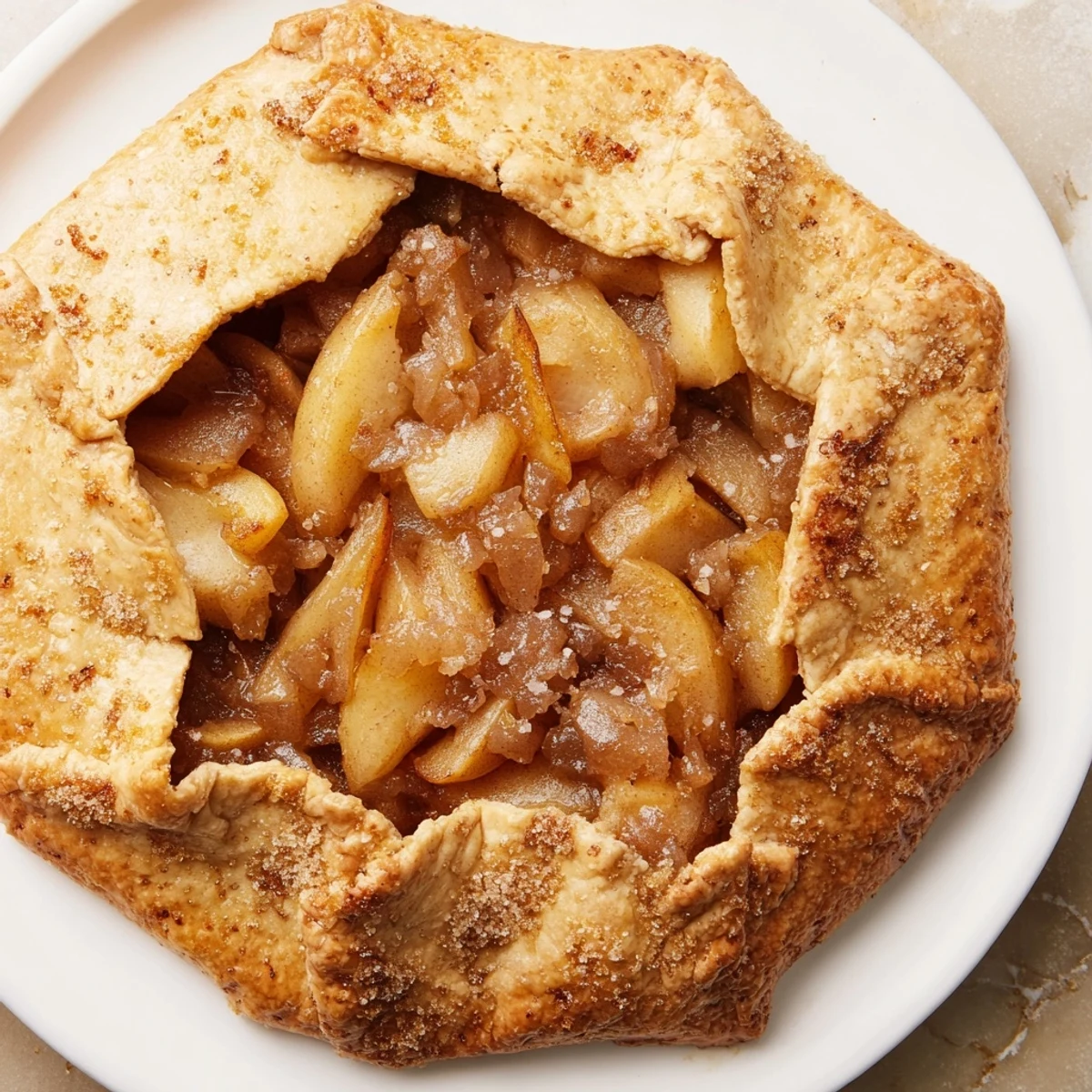 A close-up of a Rustic Pear and Ginger Galette shows flaky pastry embracing the spiced pear filling.