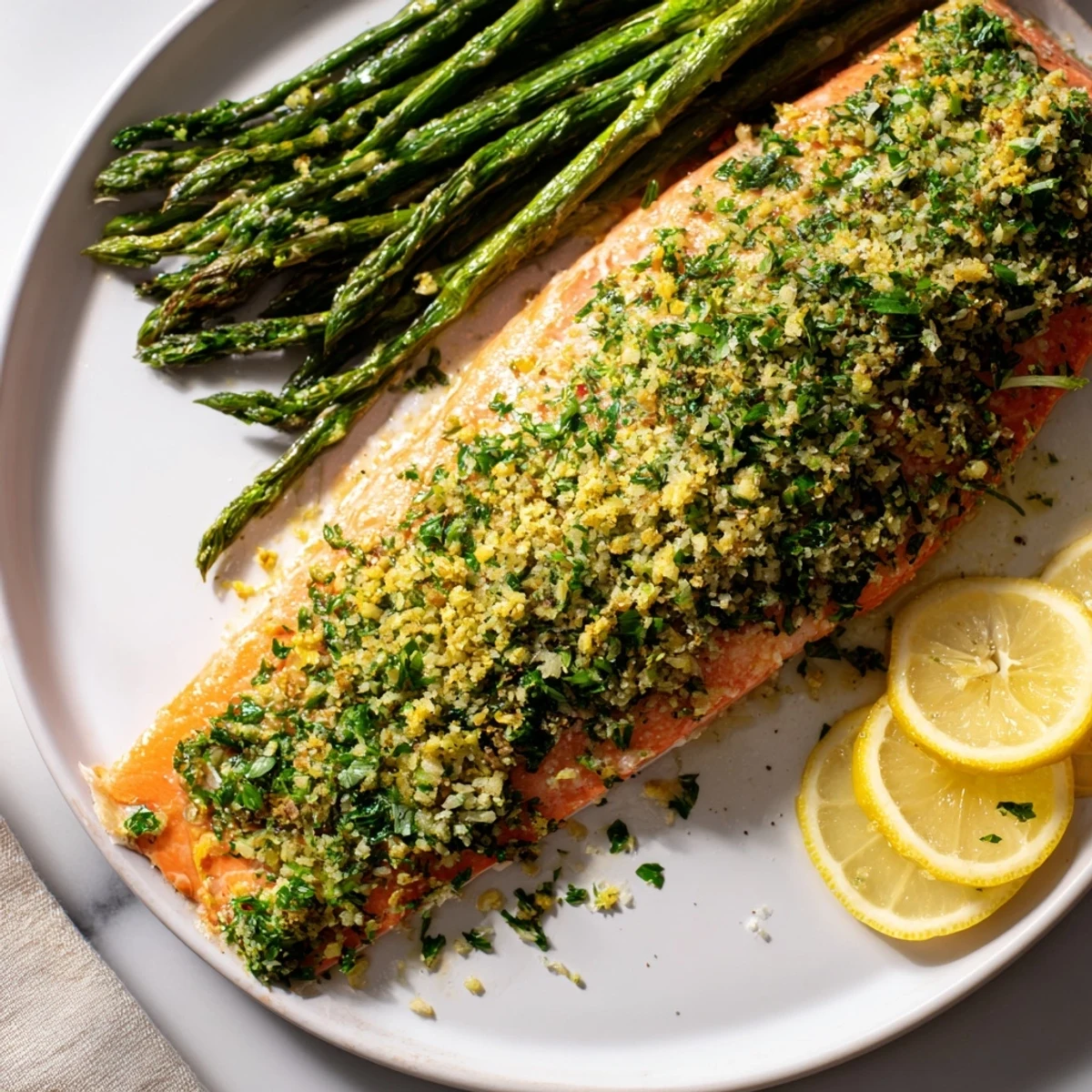 Perfectly cooked Easy Herb-Crusted Salmon, its flaky texture visible next to roasted asparagus spears.