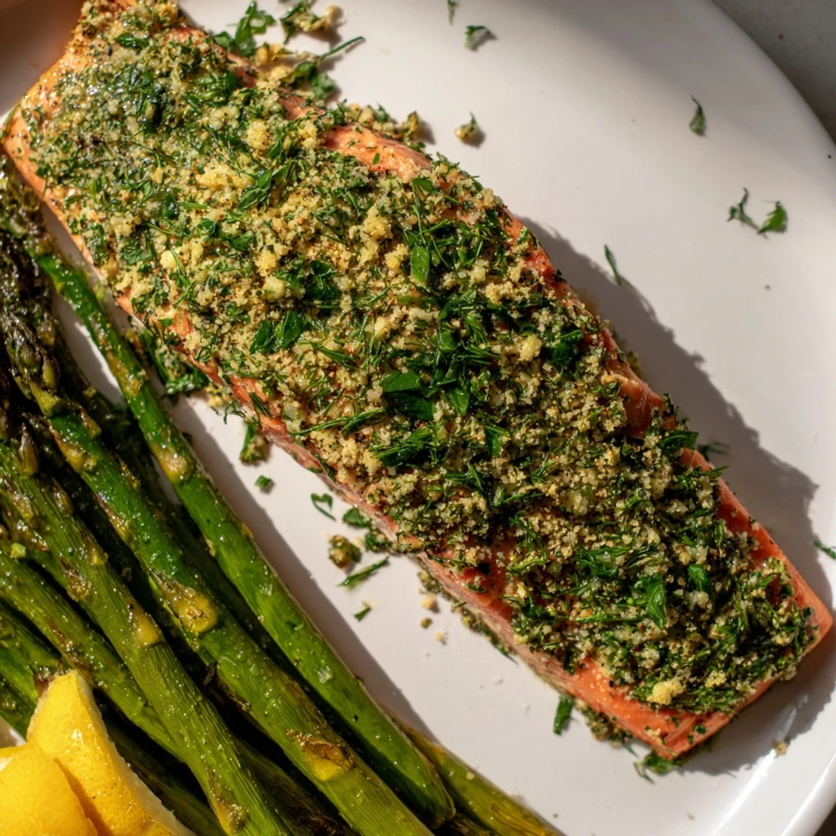 Freshly baked herb-crusted salmon with vibrant green asparagus, a delightful and easy meal.