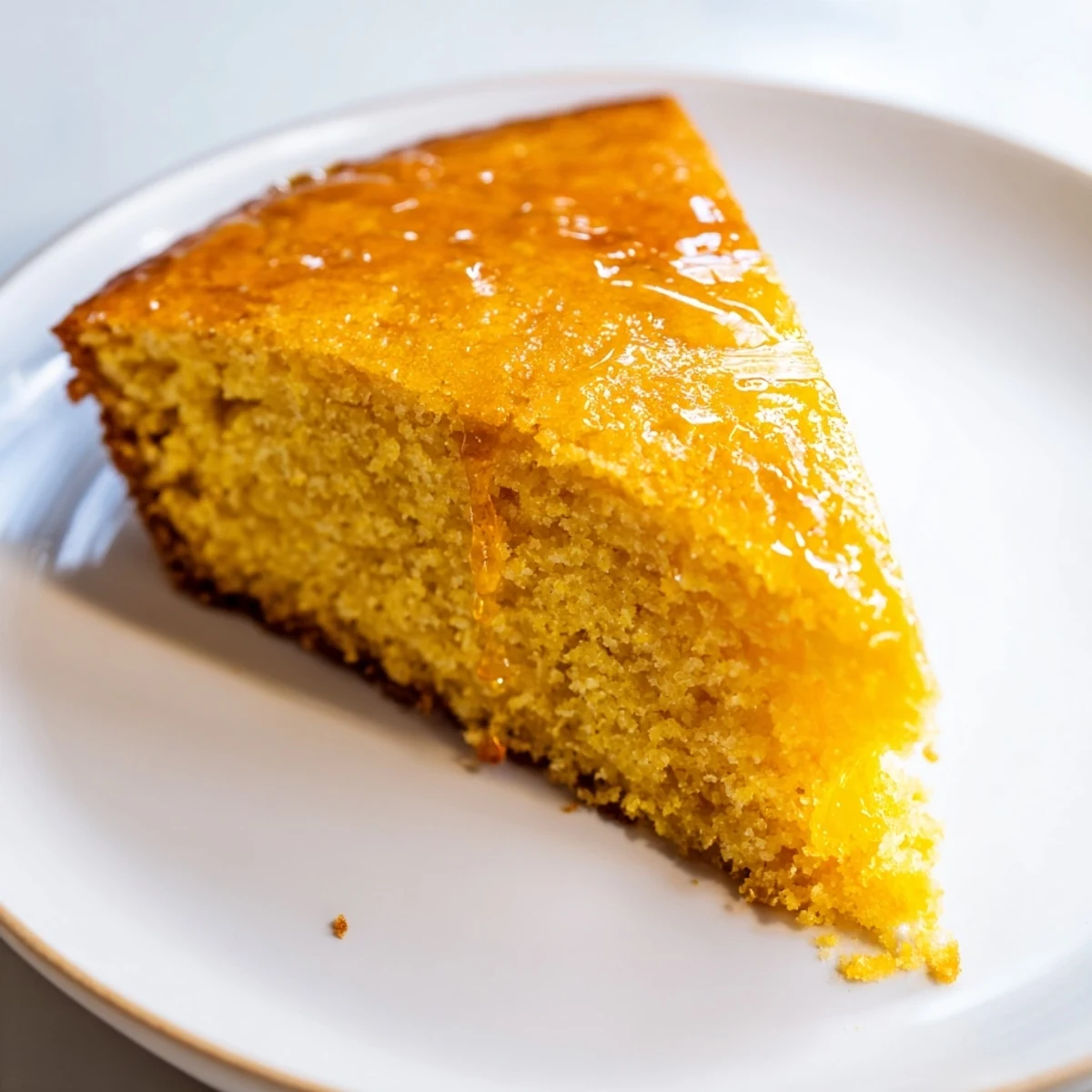 Warm, freshly baked Quick Skillet Cornbread slices invitingly topped with that delicious, buttery glaze.
