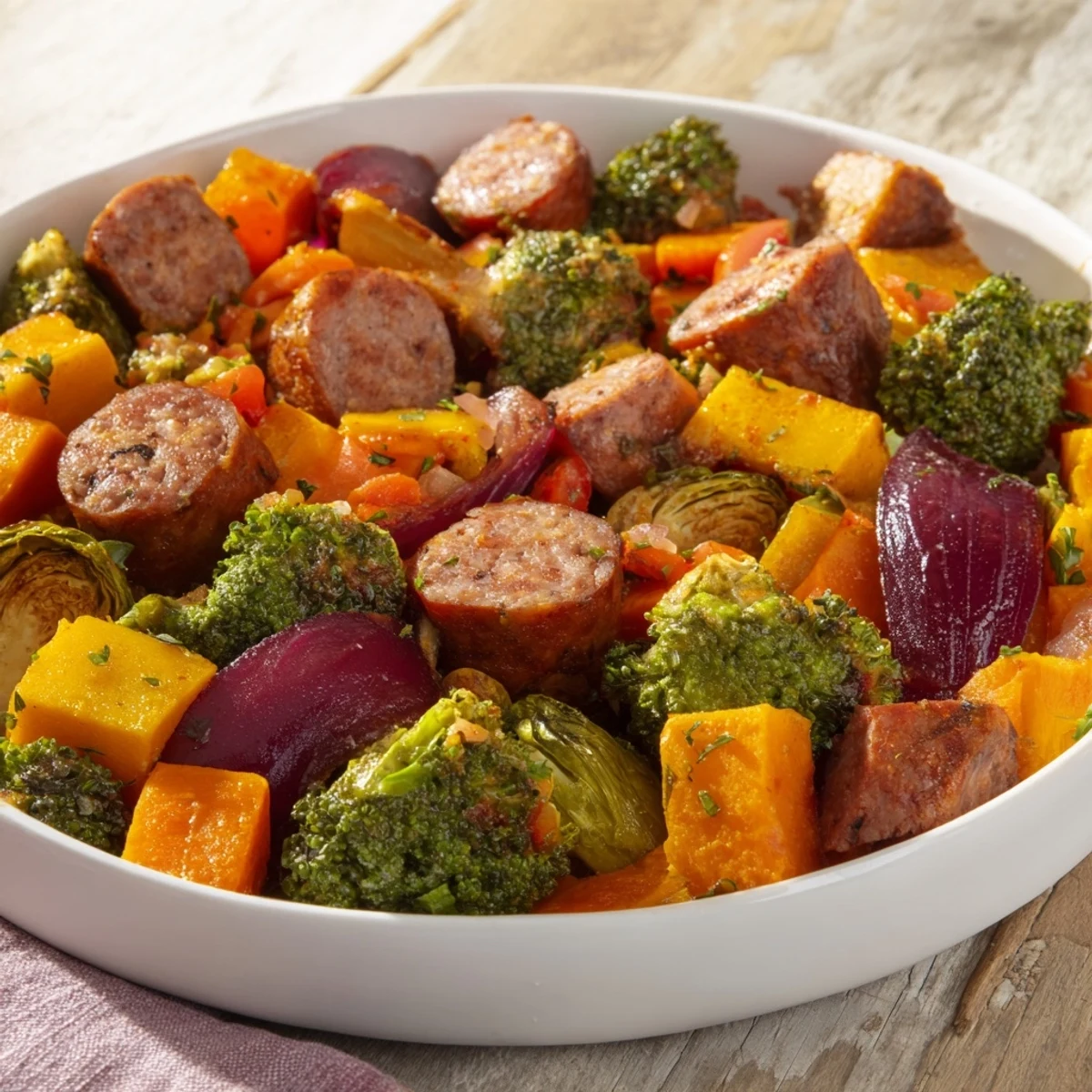 Vibrant image of roasted Hearty Sheet Pan Sausage and Autumn Veggie Medley, perfect for fall.