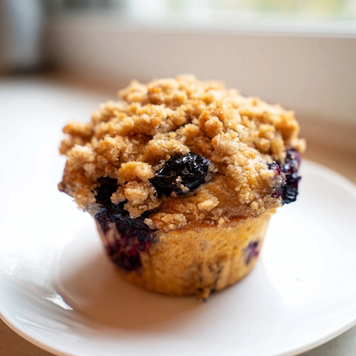 Fluffy homemade blueberry muffins with a golden streusel, perfect for your breakfast or brunch.