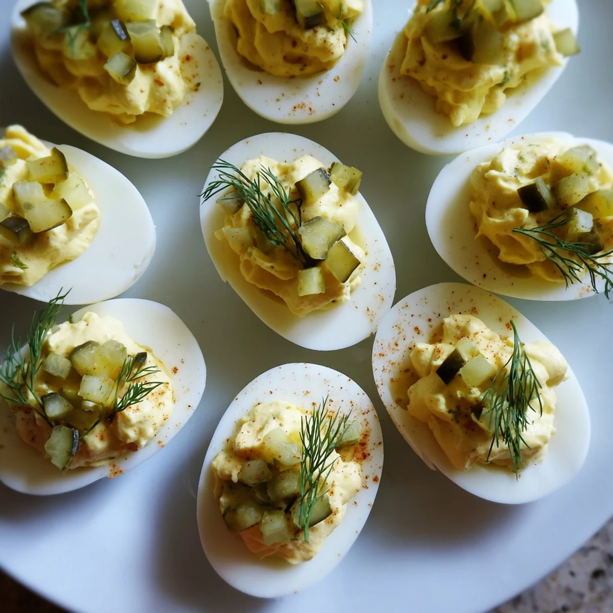 Dill Pickle Deviled Eggs, garnished with fresh dill, ready to serve as a delicious appetizer.