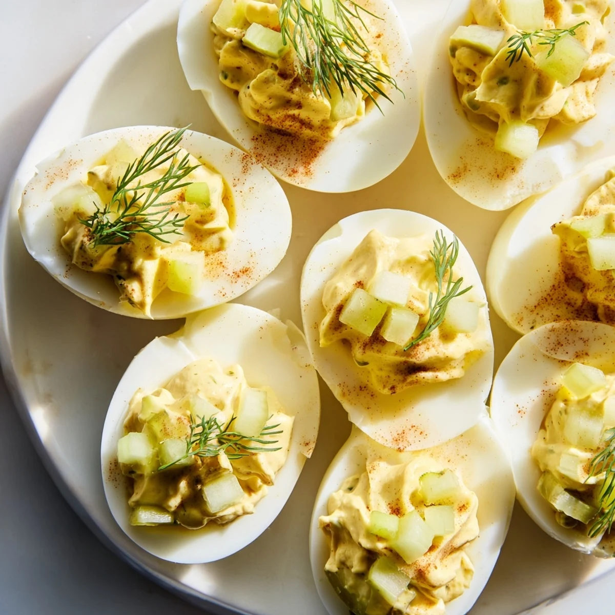 Classic Dill Pickle Deviled Eggs: perfectly smooth, with pickle chunks, offering savory flavor.