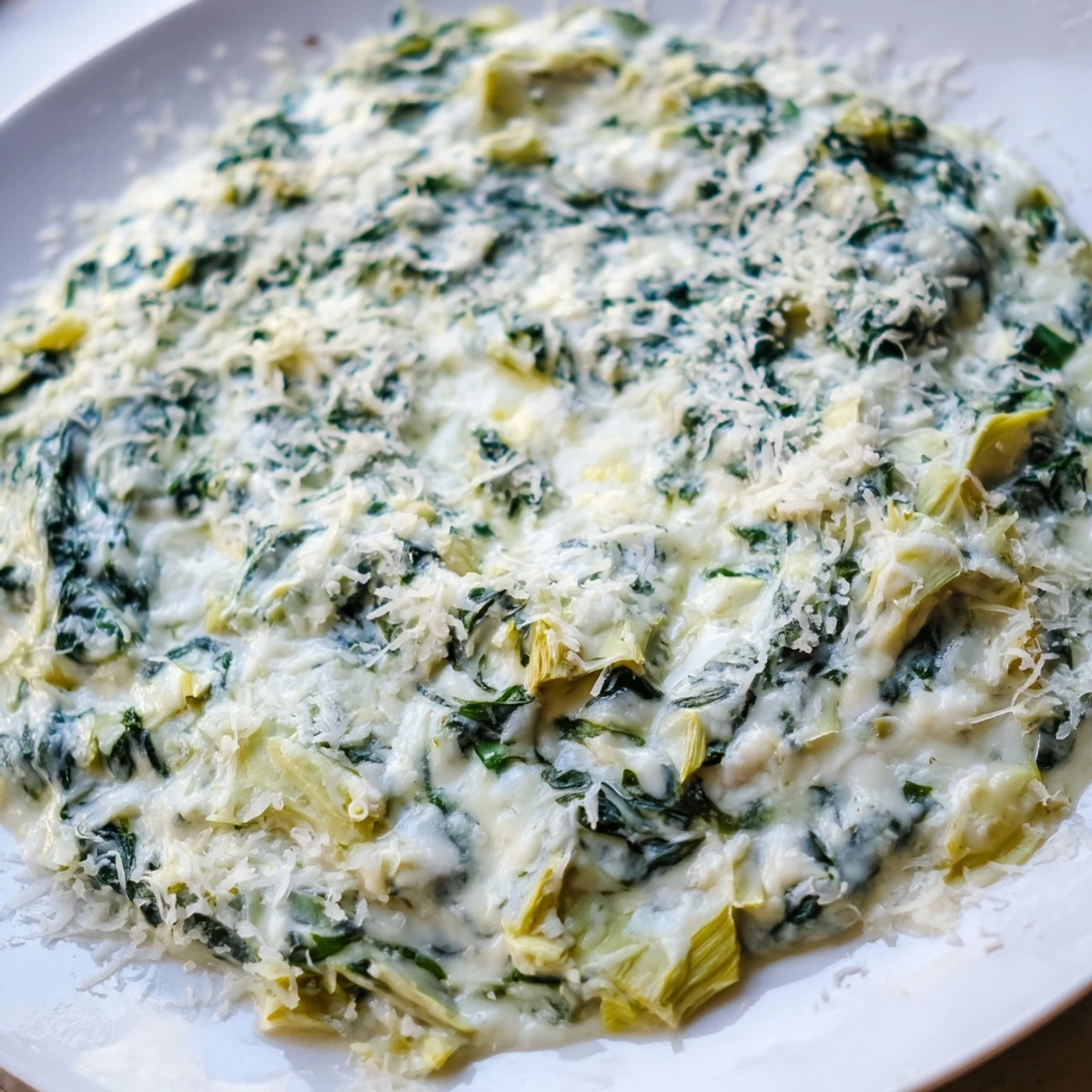 A close-up of a warm, cheesy Cheesy Spinach Artichoke Dip, with visible spinach and artichoke pieces.