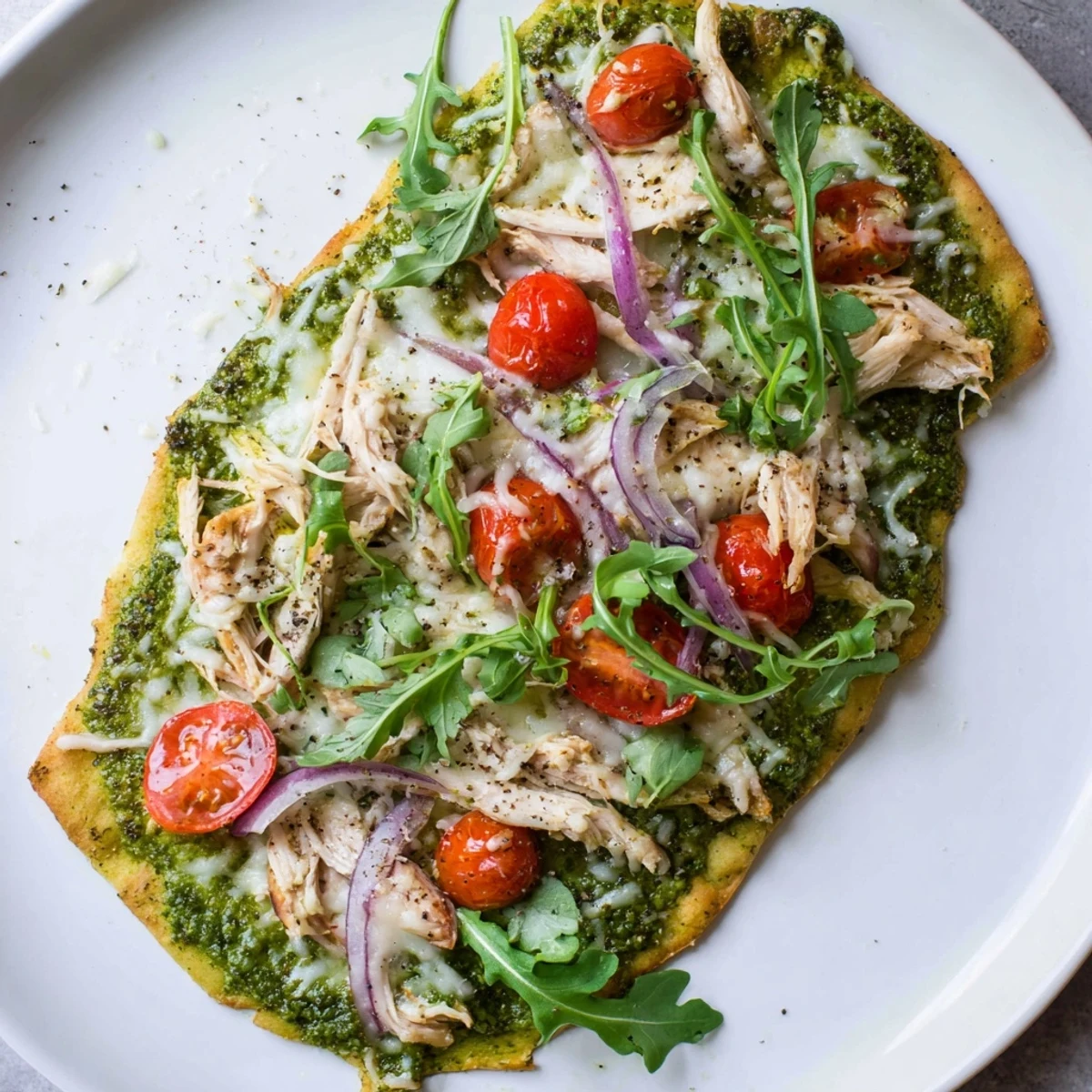 Pesto Chicken Flatbread: A deliciously baked flatbread with melted mozzarella cheese and fresh red onions.