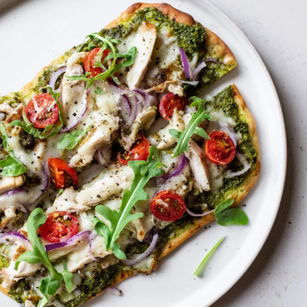 Enjoy a close-up image of the finished Pesto Chicken Flatbread, a perfect weeknight meal.