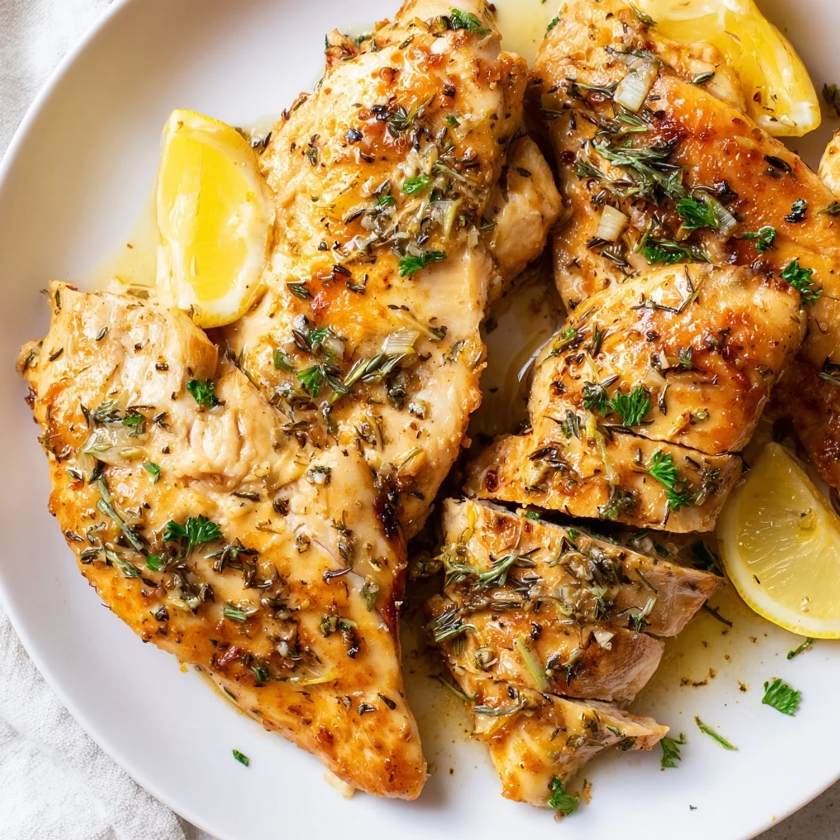 Golden-brown Greek Lemon Herb Chicken, ready to serve with fresh lemon wedges and savory herbs.