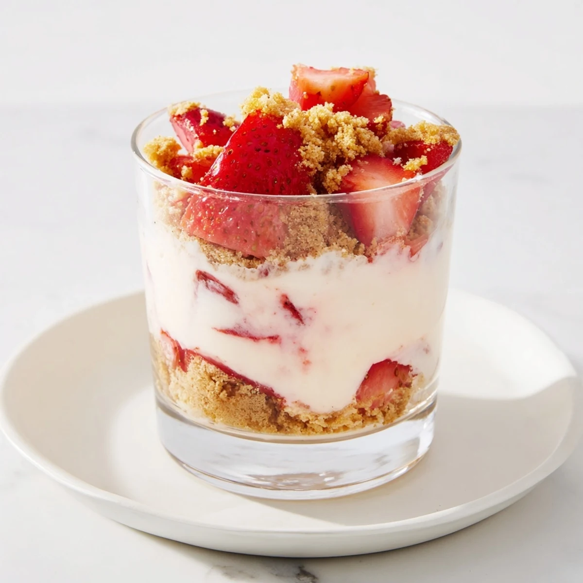 Strawberry Cheesecake Parfait layered parfait cups with sweet strawberries, creamy cheesecake filling, and crunchy cookie topping.