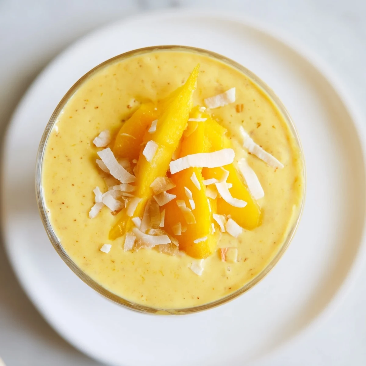 Vibrant yellow Mango Turmeric Smoothie, perfectly blended with hints of ginger and lime, ready to drink.