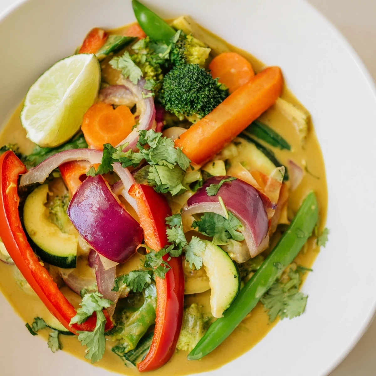 Steaming Coconut Curry Vegetables plated in a bowl, perfect for a cozy, healthy weeknight meal.