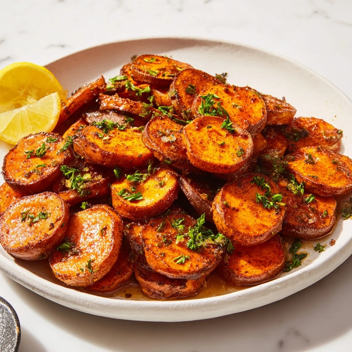 Cajun Roasted Sweet Potatoes: golden sweet potato rounds are seasoned and ready to eat, a flavorful side.