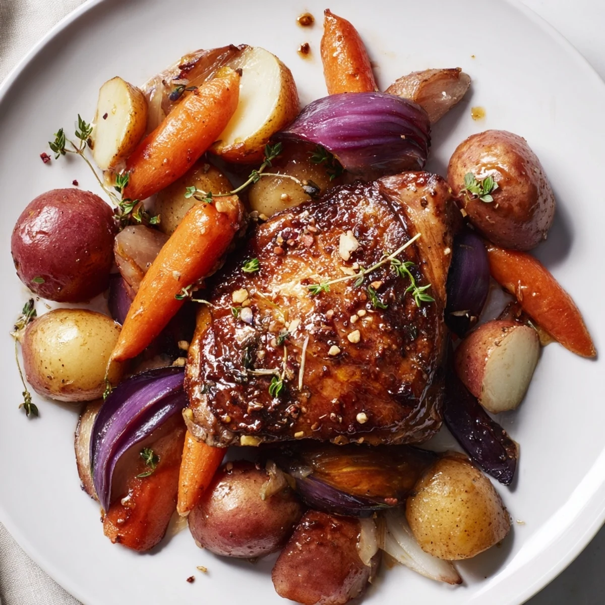 Golden-brown Maple Dijon Chicken Thighs with roasted vegetables, a delicious and easy one-pan meal.
