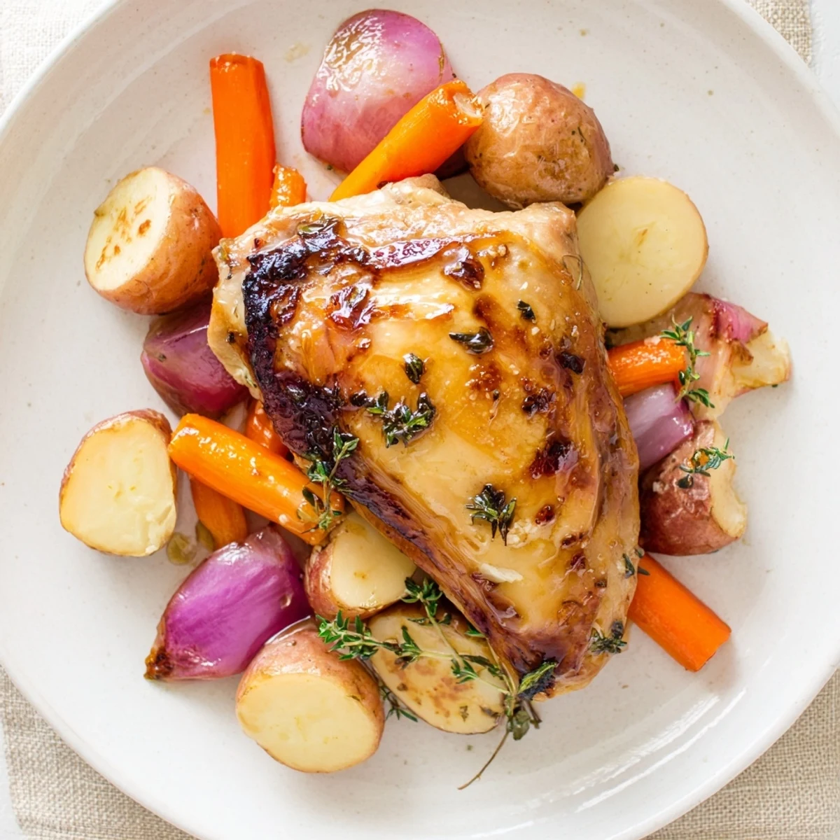 Close-up of flaky, glazed Maple Dijon Chicken Thighs, perfectly roasted on a bed of colorful vegetables.