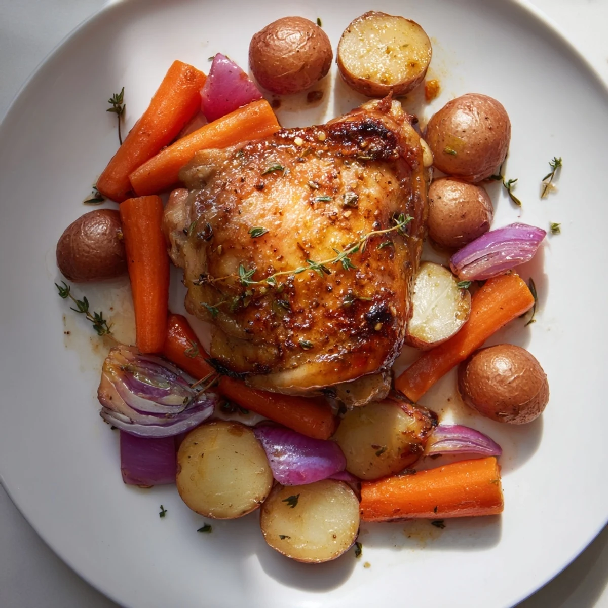 Sheet pan showcasing glistening Maple Dijon Chicken Thighs, ready to serve with fragrant thyme and potatoes.