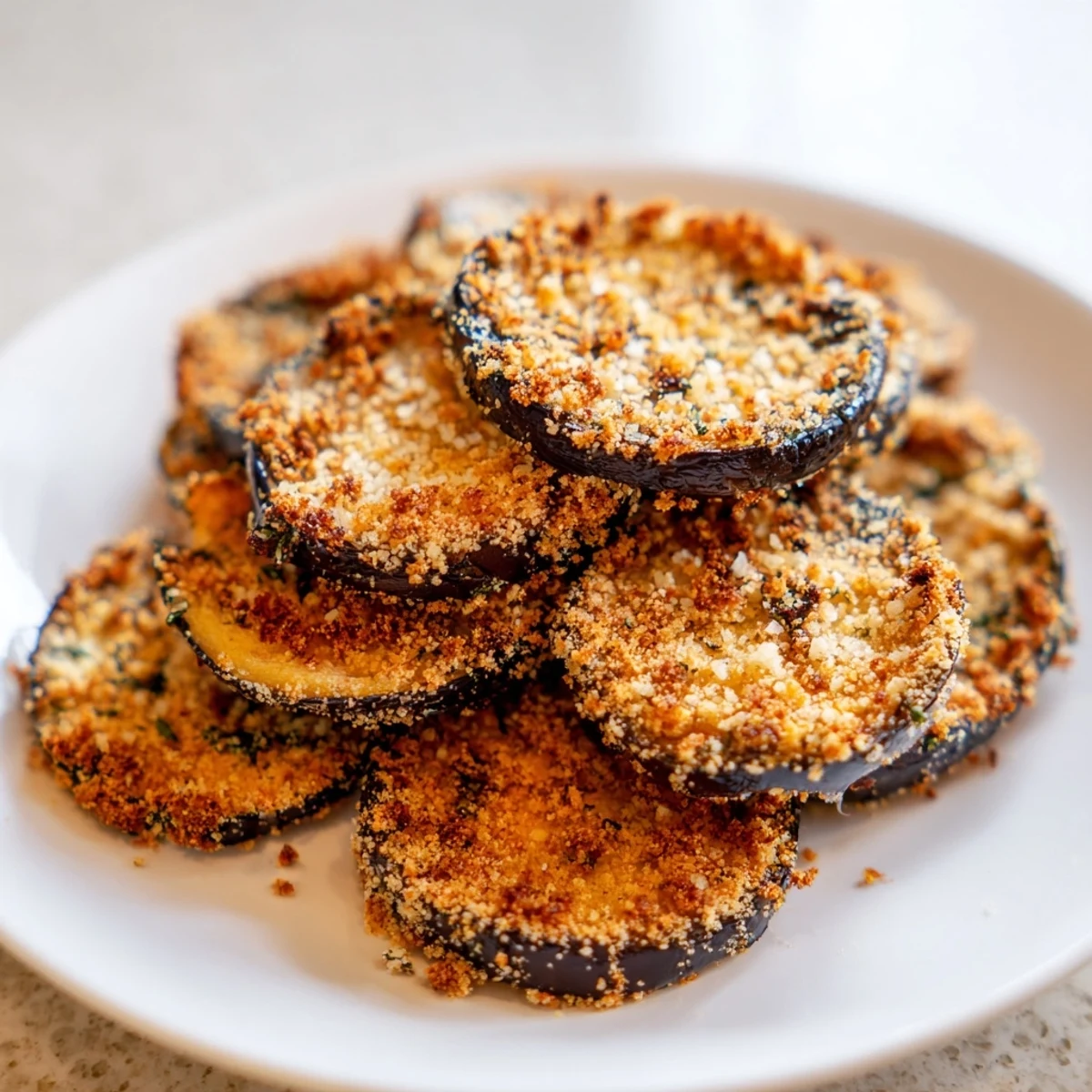 Golden-brown Crispy Eggplant Parmesan Chips perfectly arranged, ready to be enjoyed as a savory snack.