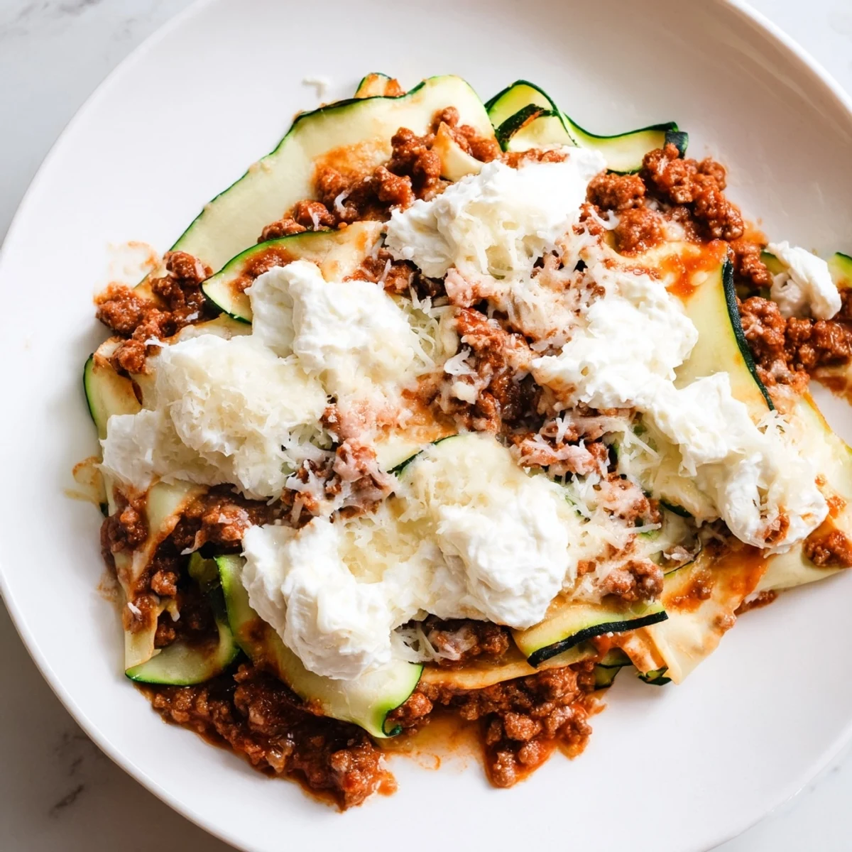 Steaming zucchini lasagna skillet bubbling with melted mozzarella and fresh, fragrant herbs; a perfect weeknight dinner!