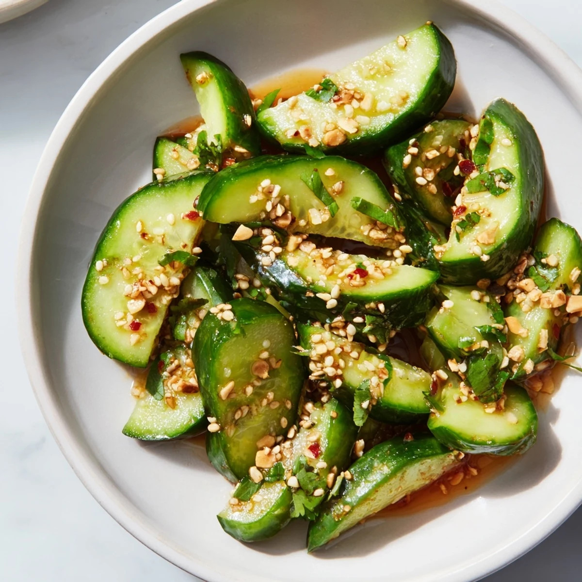 Vibrant, crunchy Zesty Shake Cucumber Salad with sesame seeds, ready to be served cold.