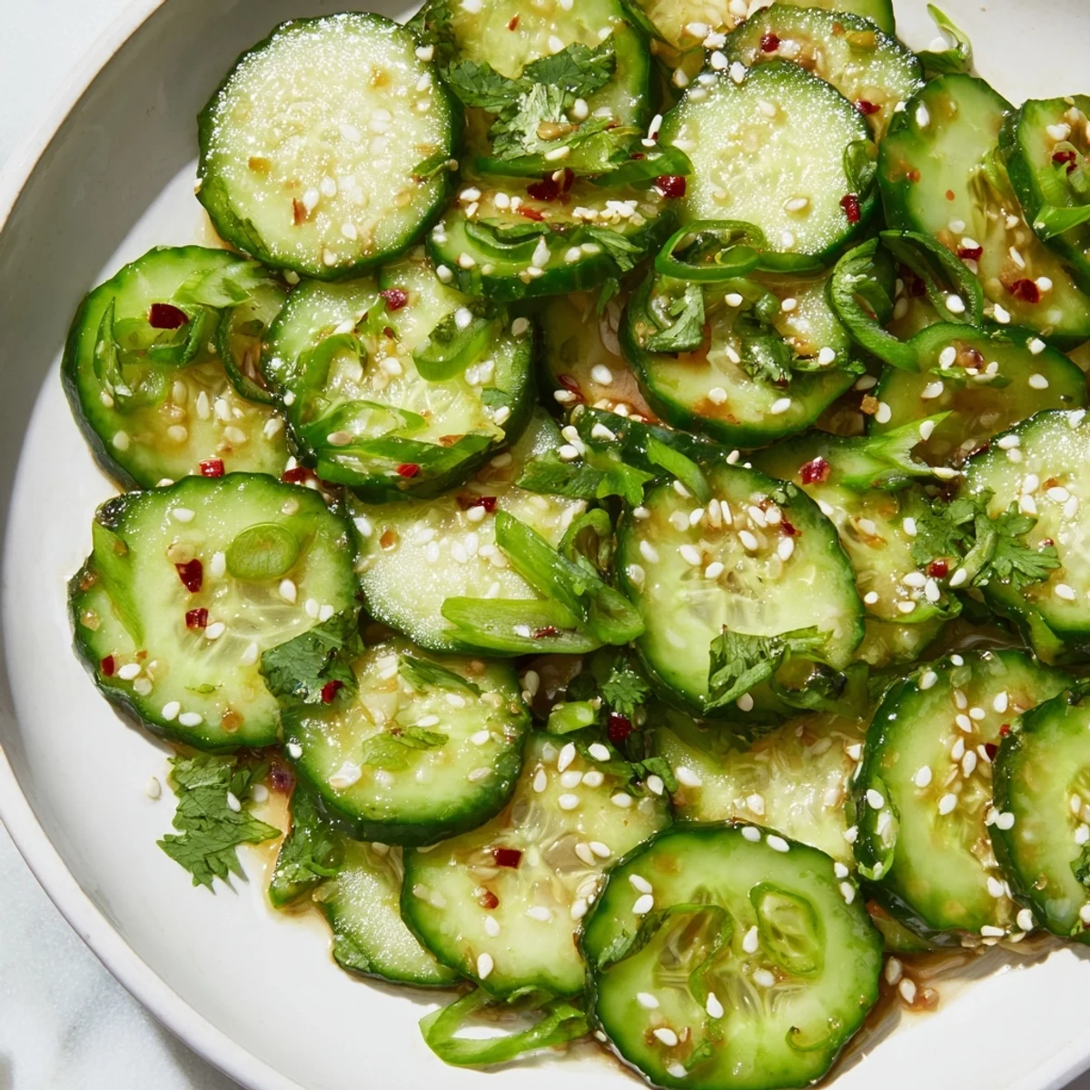Crisp cucumber slices coated in tangy dressing create this delicious Zesty Shake Cucumber Salad.