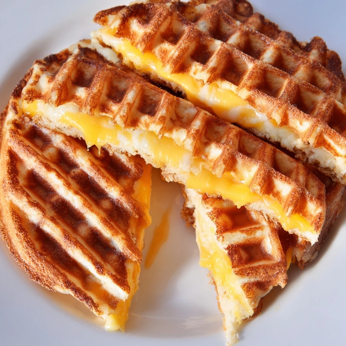 Deliciously warm and cheesy Waffle Grilled Cheese, served with a side of fresh tomato soup on a checkered plate.