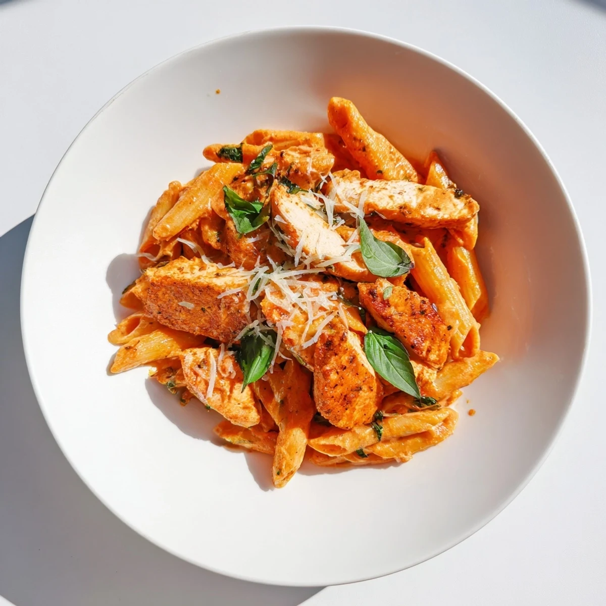 Creamy Tomato Basil Chicken Pasta with fresh basil garnish, a vibrant and comforting Italian-American dish.