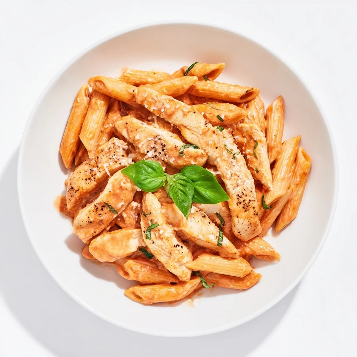 A steaming bowl of Creamy Tomato Basil Chicken Pasta, showcasing tender chicken and a rich creamy sauce.