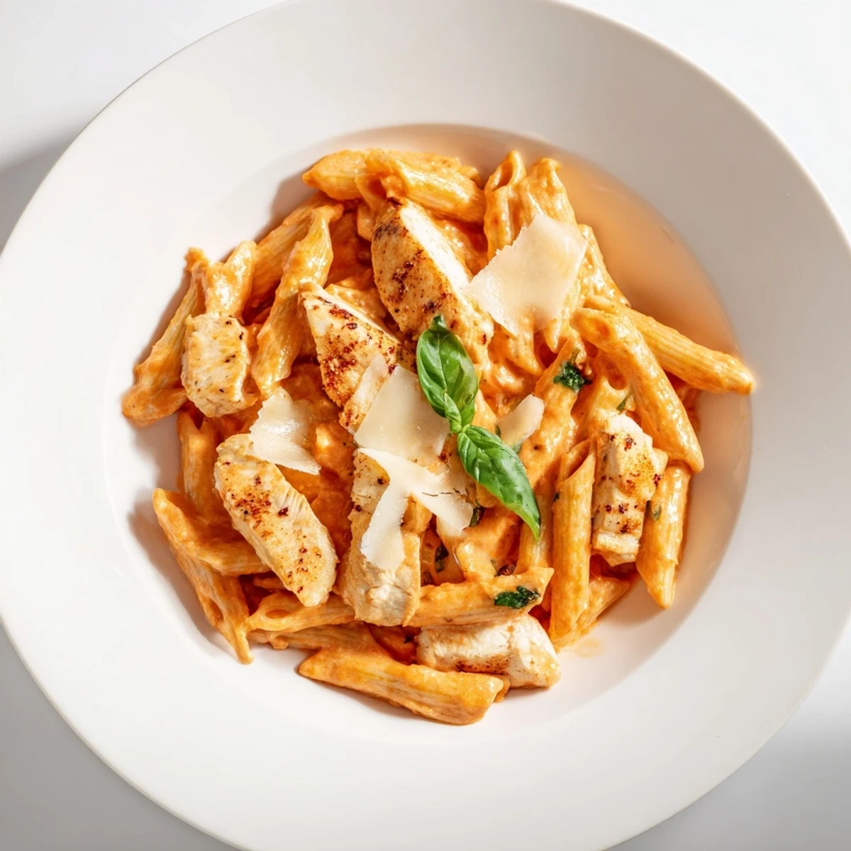 Enjoy the inviting aroma of this Creamy Tomato Basil Chicken Pasta, perfectly plated for a satisfying meal.