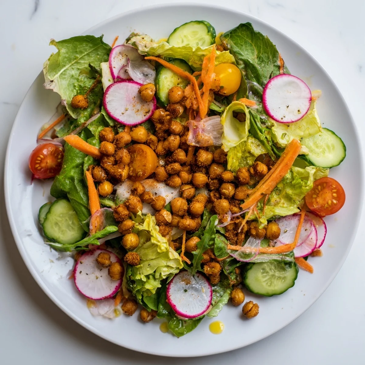 Mixed Greens Salad with crispy chickpea croutons: a colorful, refreshing salad, ready to eat and enjoy.