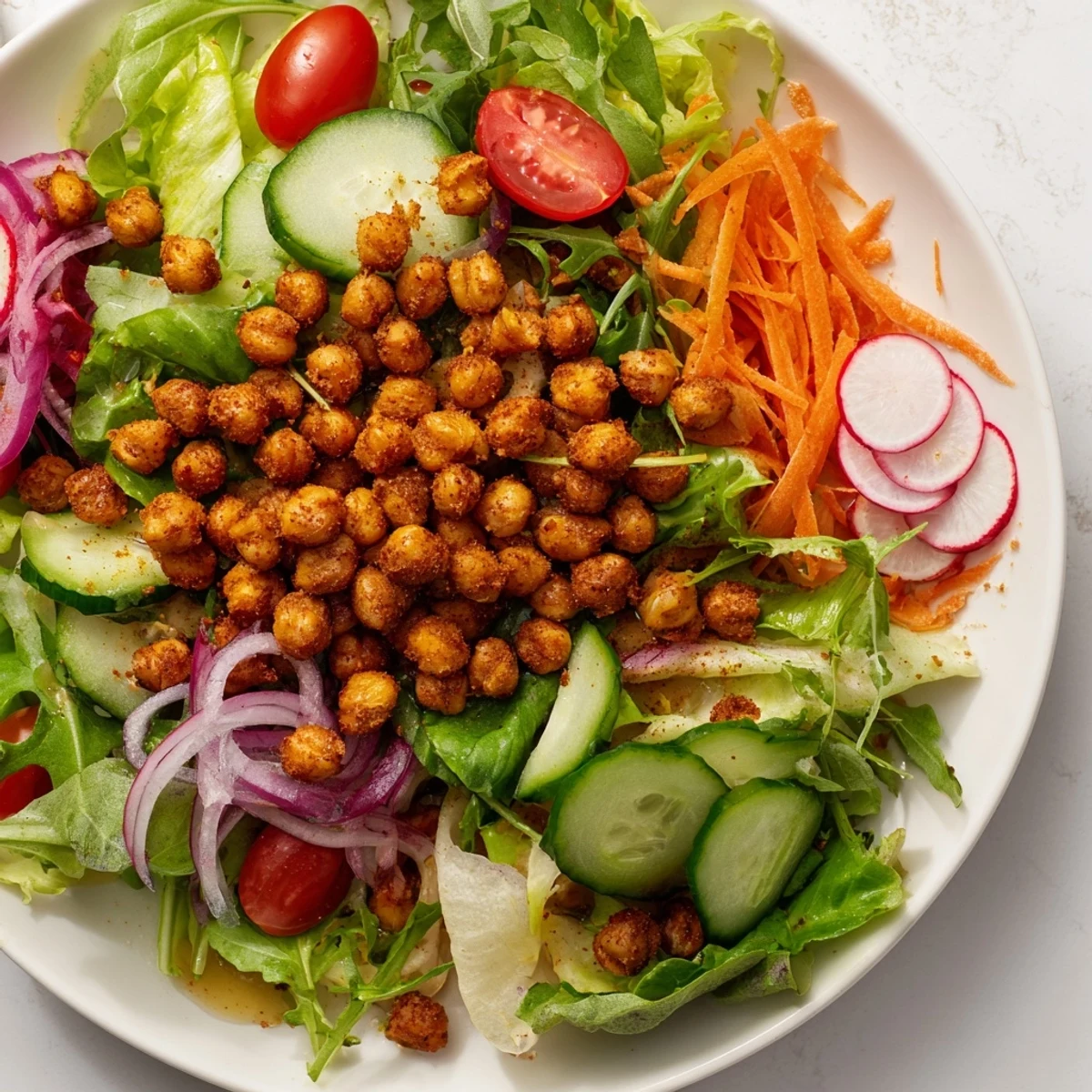 This Mixed Greens Salad features crunchy chickpea croutons atop a bed of fresh, tender greens.