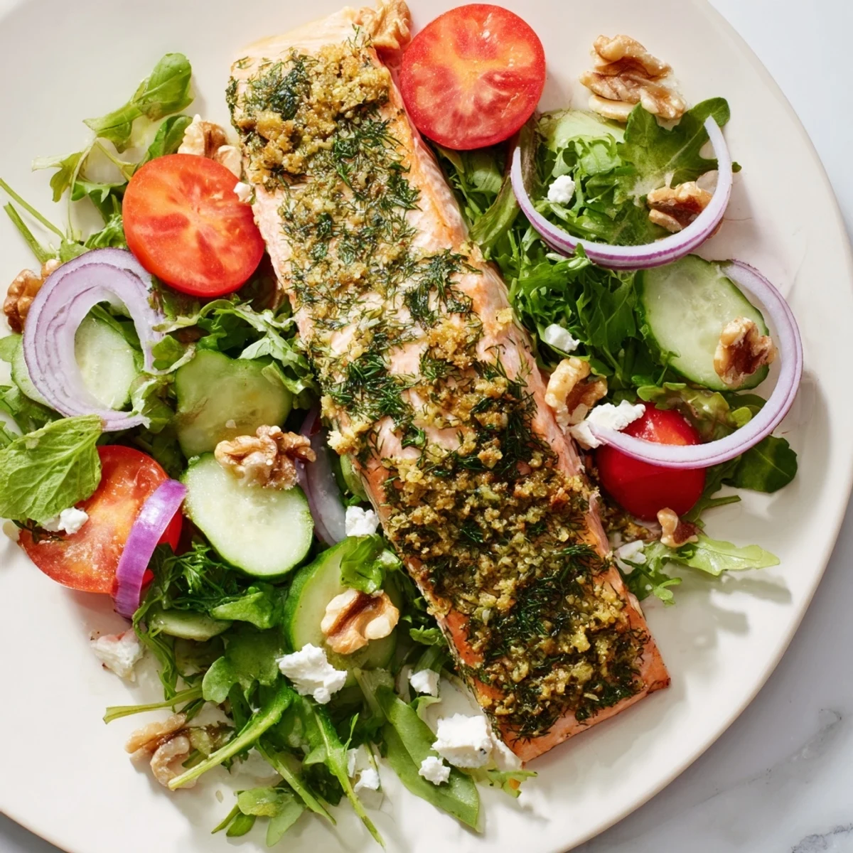 Golden, baked herb-crusted salmon rests atop a vibrant salad, complete with a delicious vinaigrette.