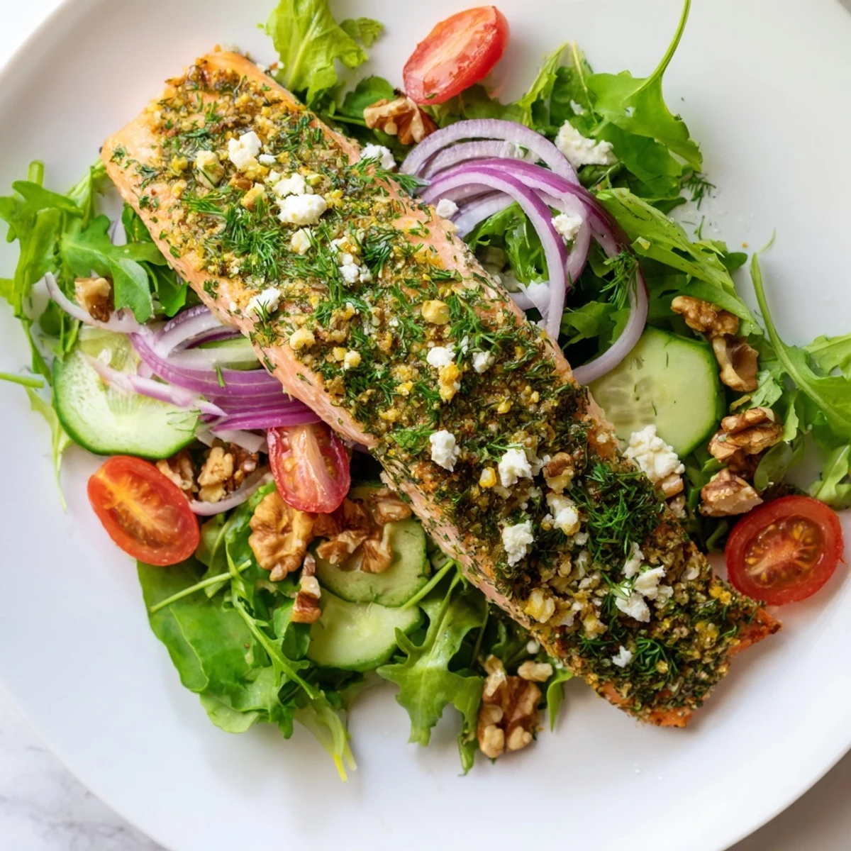 Flaky, herb-crusted salmon salad with bright tomatoes and a zesty vinaigrette, a delightful dish.