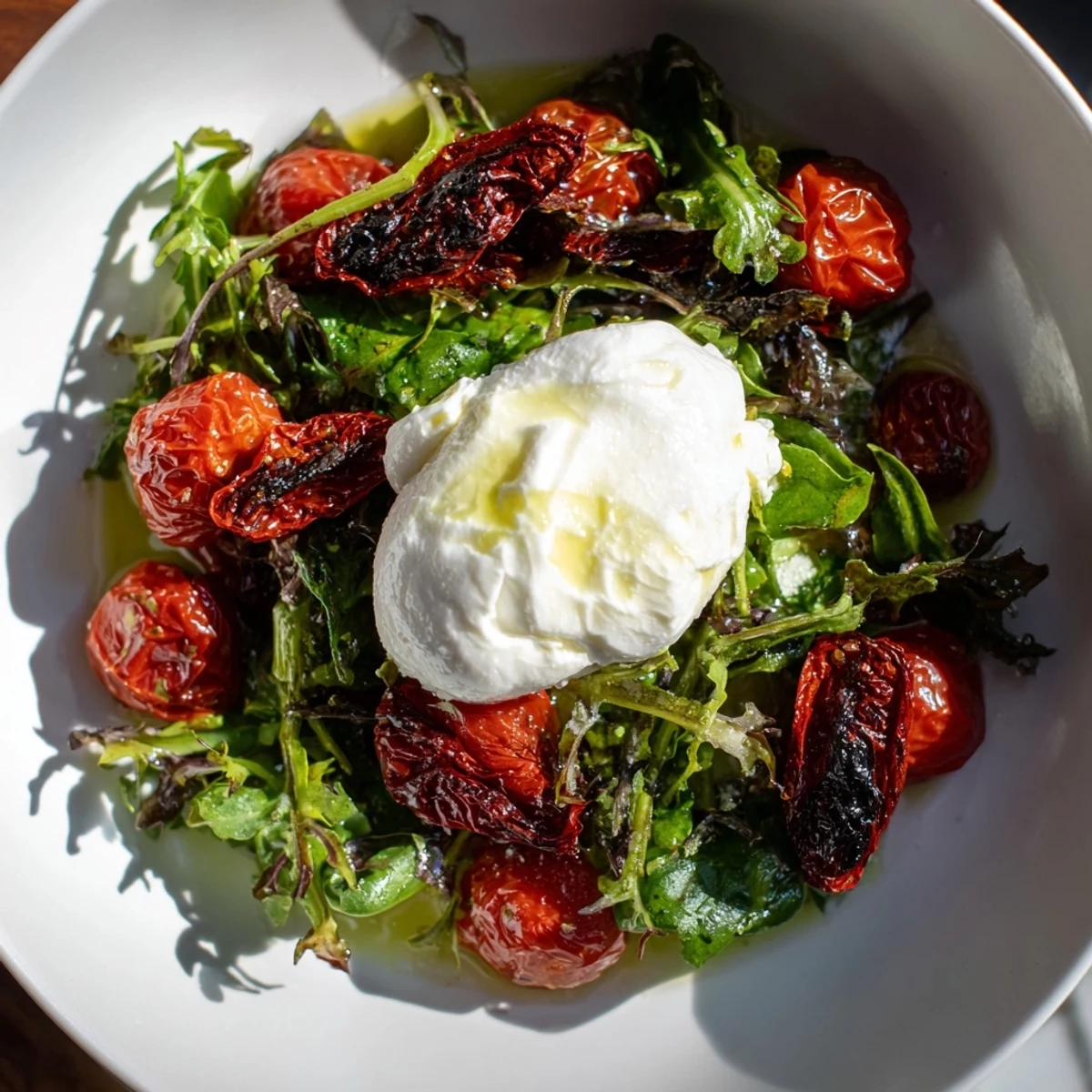 Vibrant Charred Tomato Salad with Burrata boasts blistered tomatoes, creamy cheese, and fresh basil.
