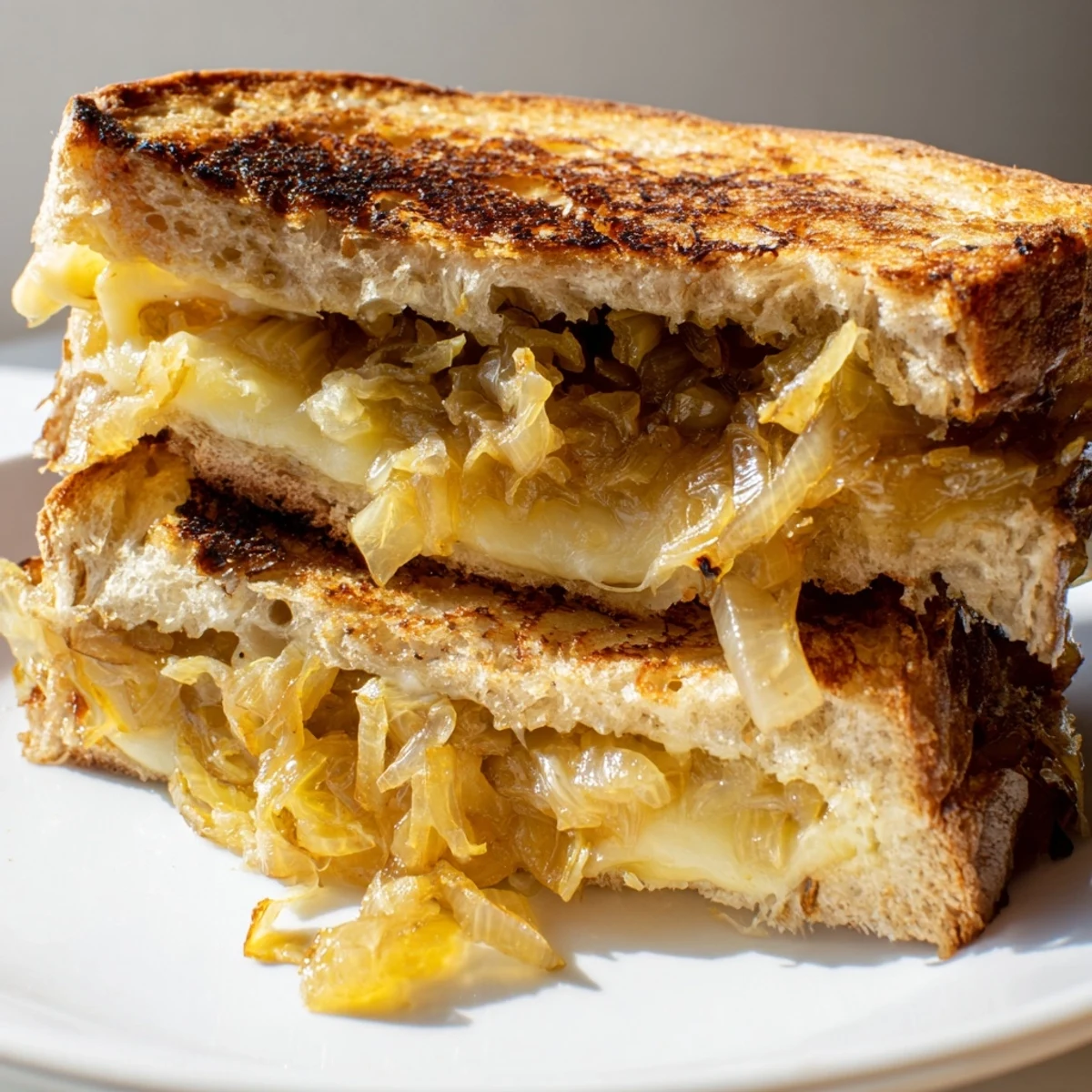 Buttery, crisp slices encase a gooey Gruyère and sweet caramelized onion filling in this grilled cheese.