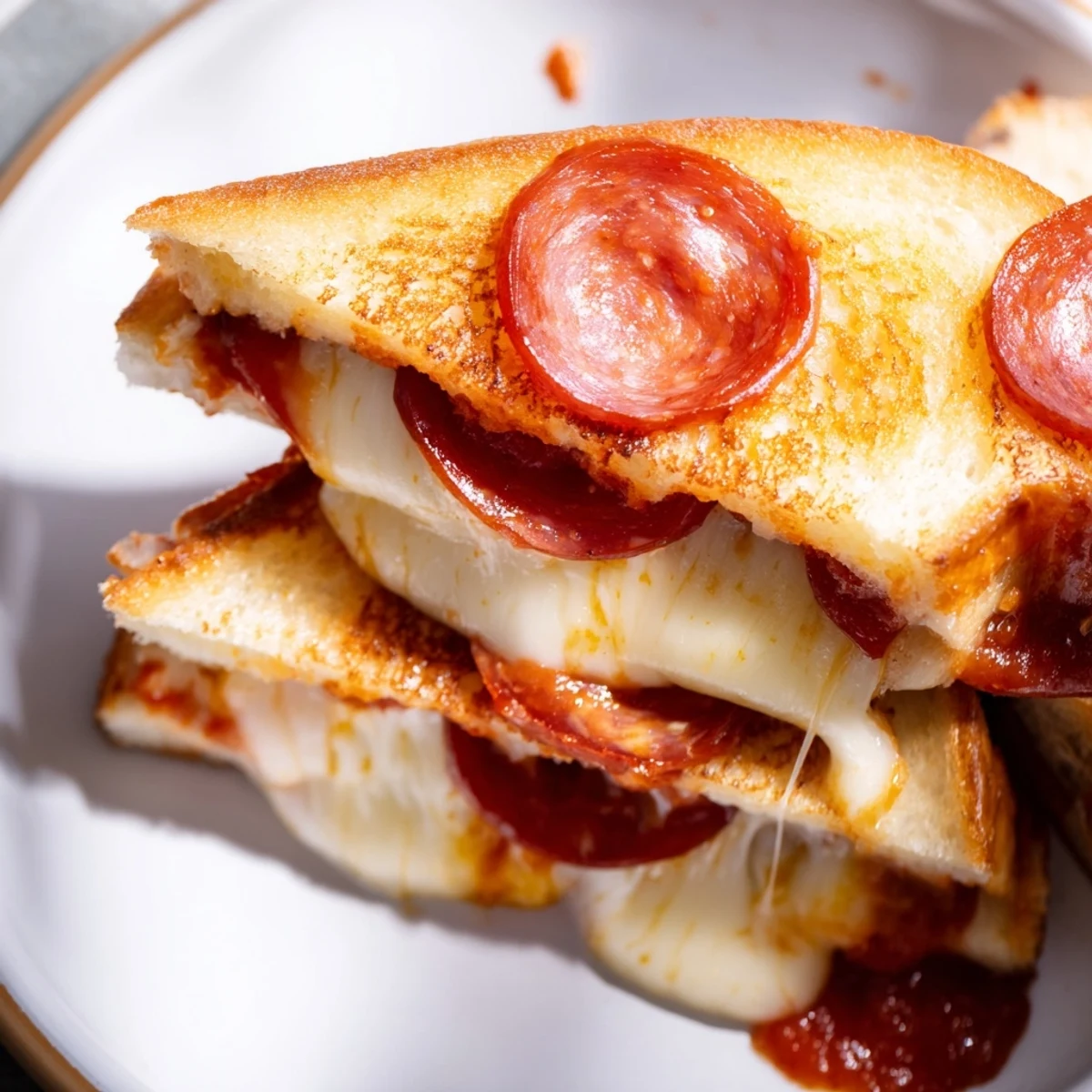 Crispy pepperoni and melted mozzarella layer on this amazing pizza grilled cheese, a quick weeknight treat.