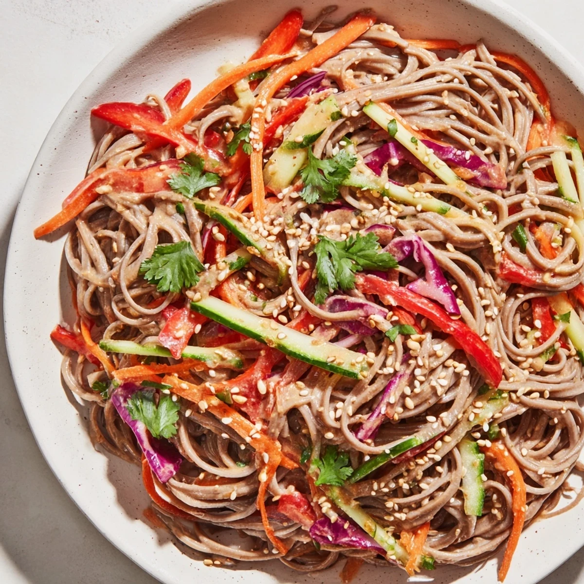 Vibrant soba noodle salad tossed with colorful veggies, sesame dressing, and fresh cilantro, ready to serve.