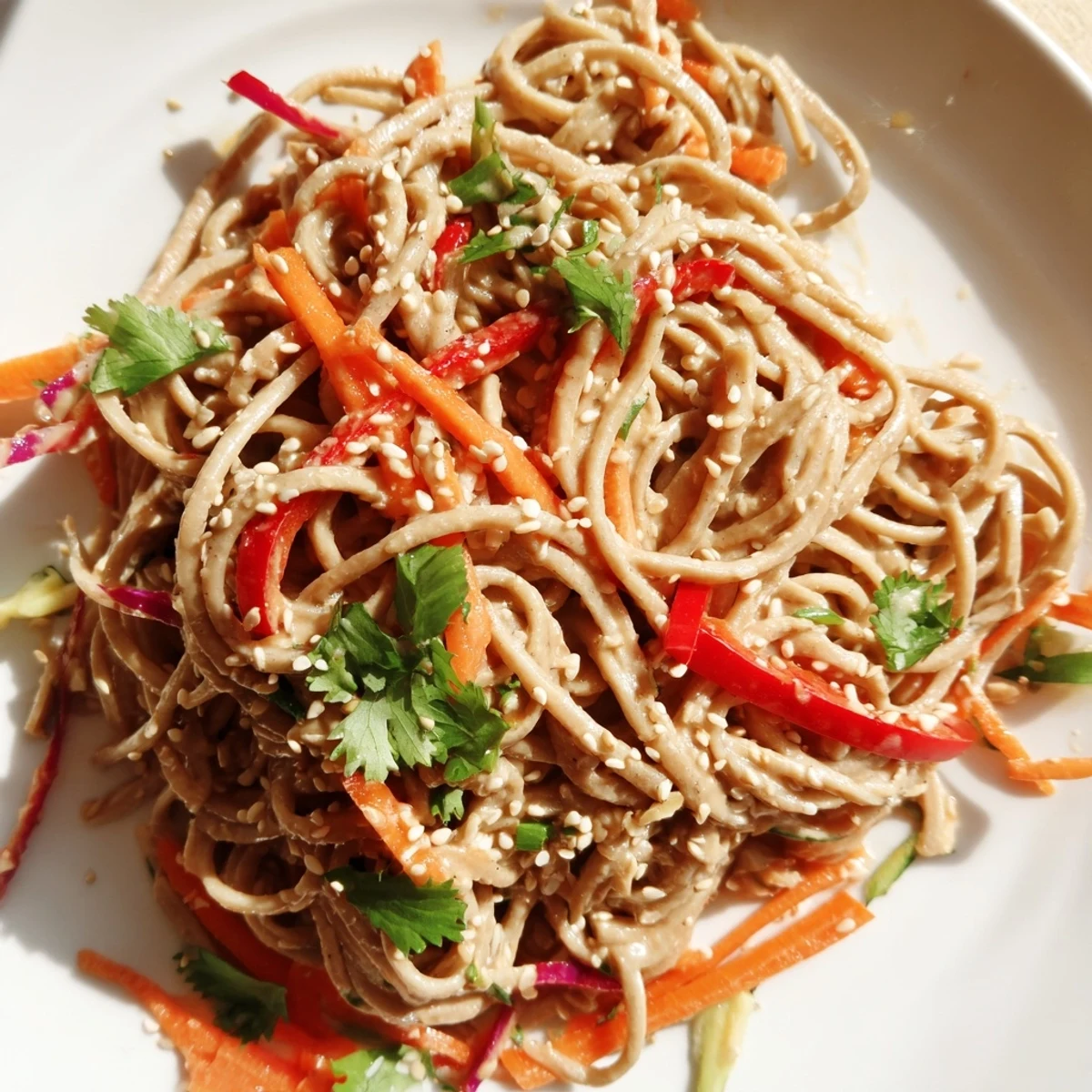 A close-up of a refreshing soba noodle salad, showcasing chilled noodles and crunchy, bright vegetables.