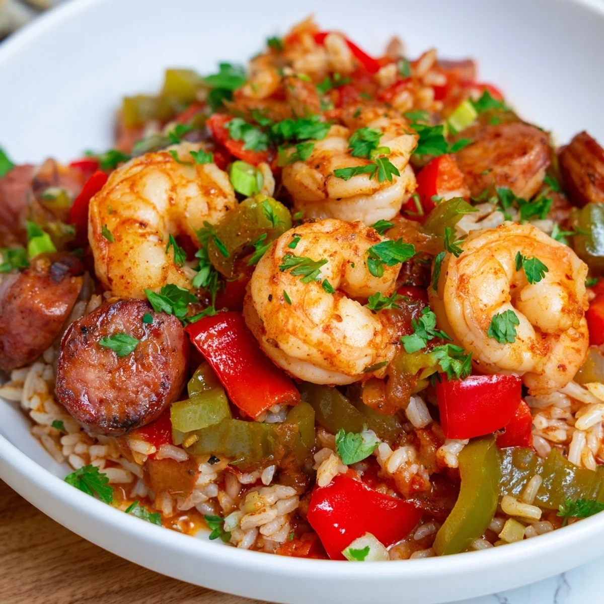 Steaming jambalaya skillet, a Creole classic, brimming with sausage, shrimp, and colorful peppers.